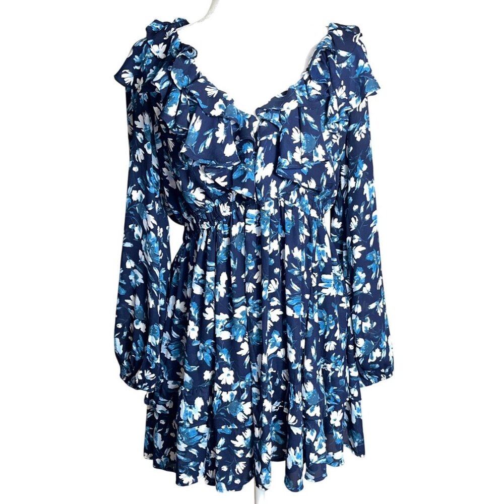 Abercrombie & Fitch Dress Blue Ruffles Full Skirt Tier Balloon Mini Boho Women L - Picture 12 of 12